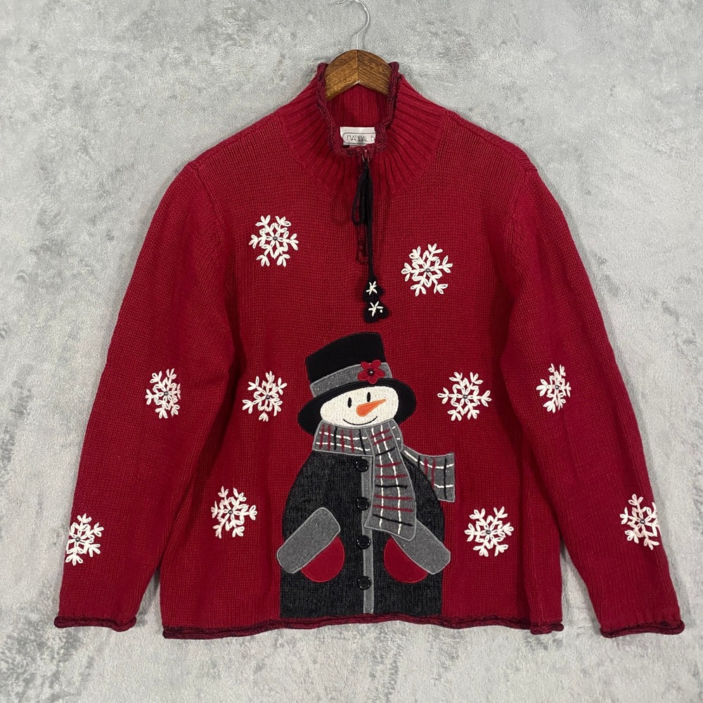 Mandal Bay Sweater Sz XL Red Snowman Snowflake Quarter Zip Mock Neck Knit VTG